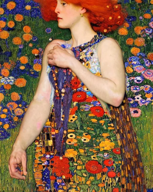 Image similar to a beautiful woman in a colorful dress surrounded by colorful patterns and flowers by gustave klimt and edgar maxence and john william waterhouse and michael whelan, artistic, intricate realistic fantasy, extremely detailed and beautiful face, 8 k resolution, dramatic lighting