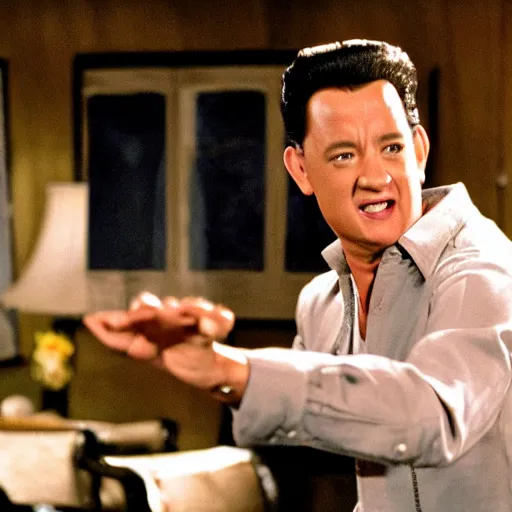 Prompt: Tom Hanks playing Elvis Presley, movie still