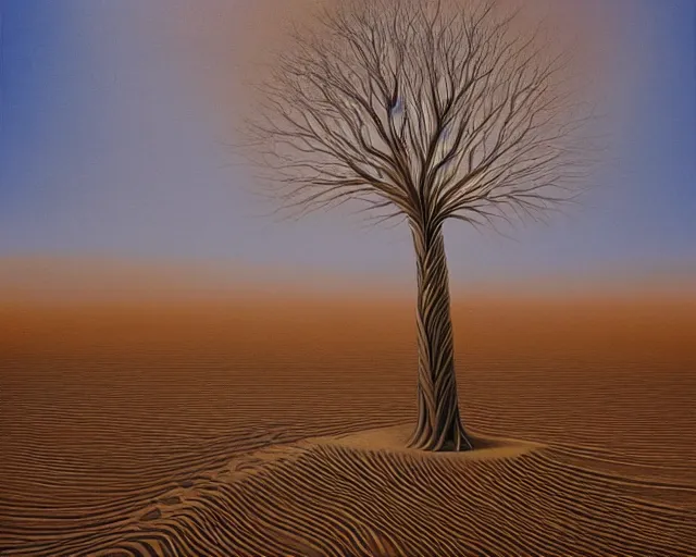 Image similar to a painting of a tree in the desert, an airbrush painting by breyten breytenbach, wavy sand pattern, cgsociety, neo - primitivism, airbrush art, dystopian art, apocalypse landscape