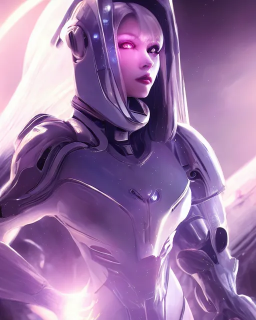 Image similar to perfect android girl on a mothership, warframe armor, beautiful face, scifi, futuristic, galaxy, nebula, raytracing, dreamy, long white hair, blue cyborg eyes, sharp focus, cinematic lighting, highly detailed, artstation, divine, by gauthier leblanc, kazuya takahashi, huifeng huang