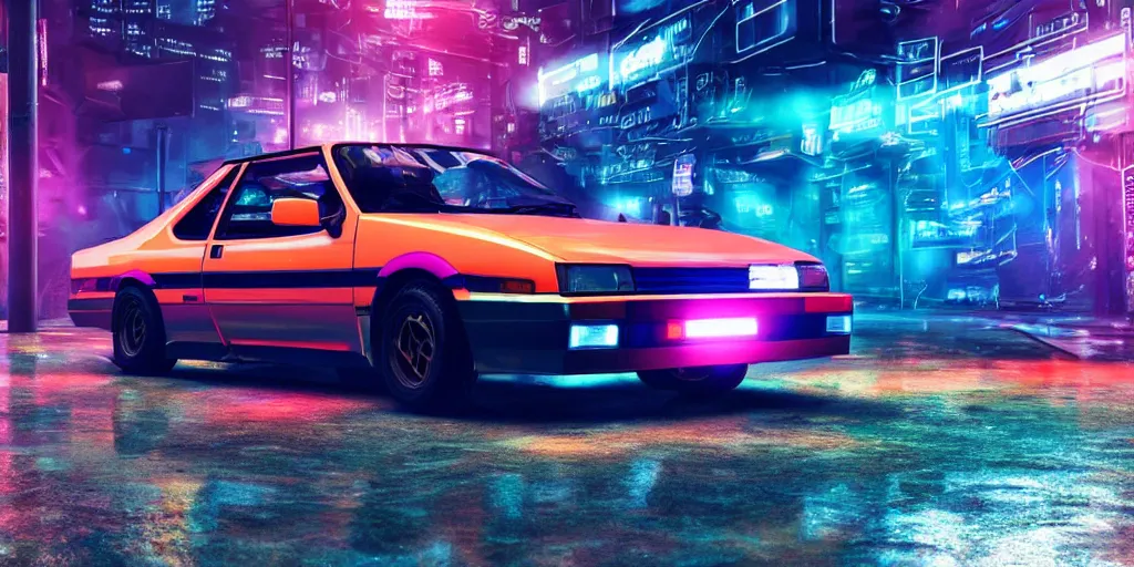 Prompt: toyota ae 8 4 sprinter trueno parked in a cyber punk alley, retrowave, synth colors, photo realistic, 8 k, rain, raytracing, reflections, neon colors,