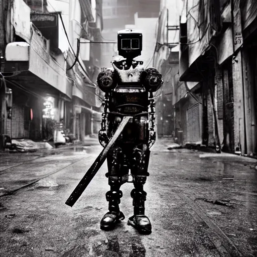 Prompt: an old robot with wheel legs gripping a beautifully crafted and detailed katana sword with a badass pose. Rainy Grungy neon cyberpunk alleyways in the background Badass pose , Photo realistic , Gregory Crewdson , Award winning. Masterpiece, exquisite detail, post processing