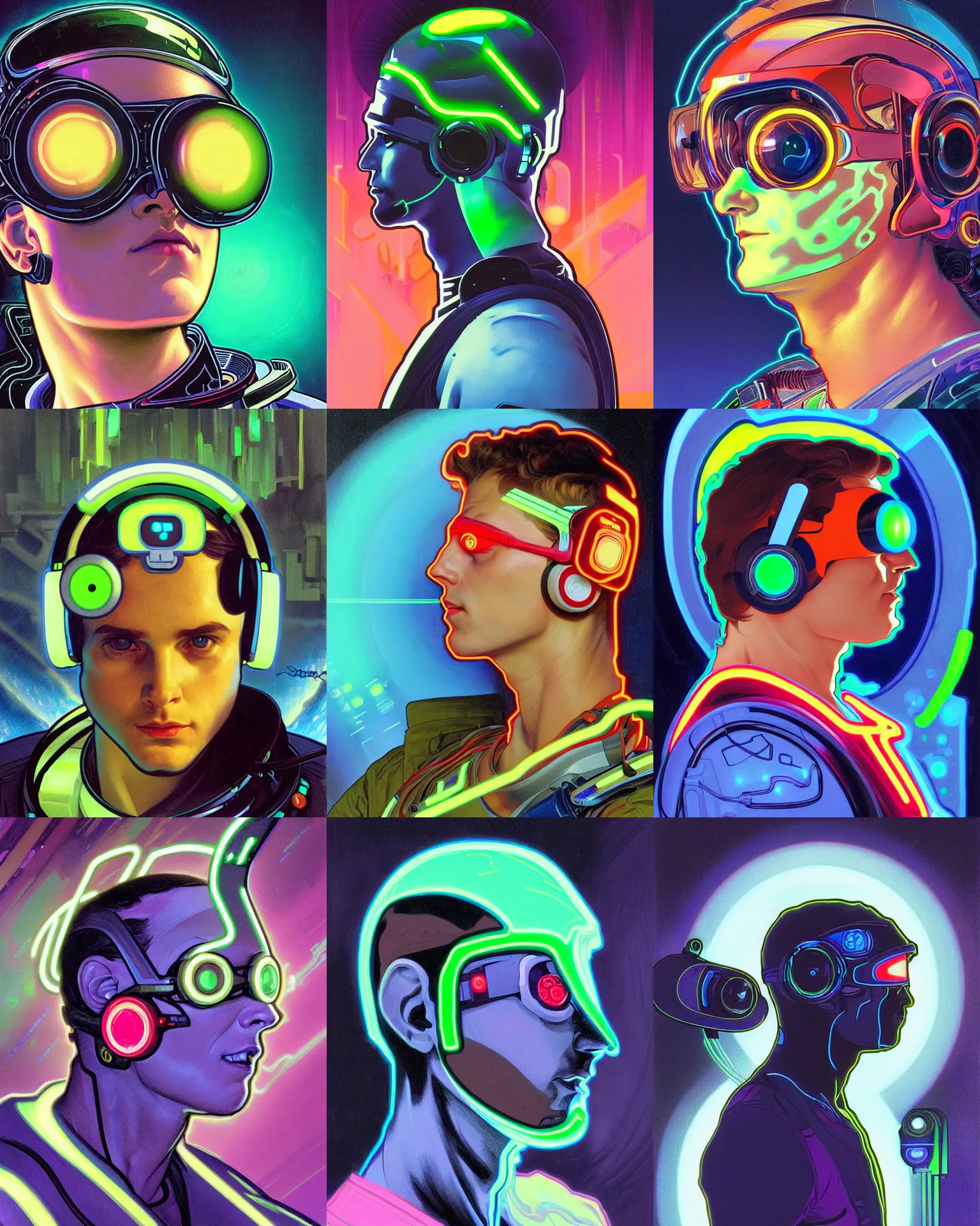 Prompt: sillouete side view future coder man, sleek cyclops display over eyes and glowing headset, neon accents, holographic colors, desaturated headshot portrait digital painting by charles camoin, alphonse mucha, donato giancola, john berkey, dean cornwall, alex grey, tom whalen, astronaut cyberpunk electric lights profile