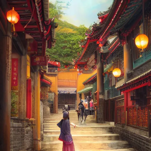 Image similar to a woman in jiufen taiwan, an oil painting by ross tran and thomas kincade