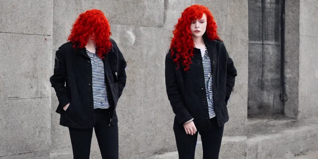 Image similar to man, red hair, black jacket, curly hair, fullbody, Caucasian, short hair,