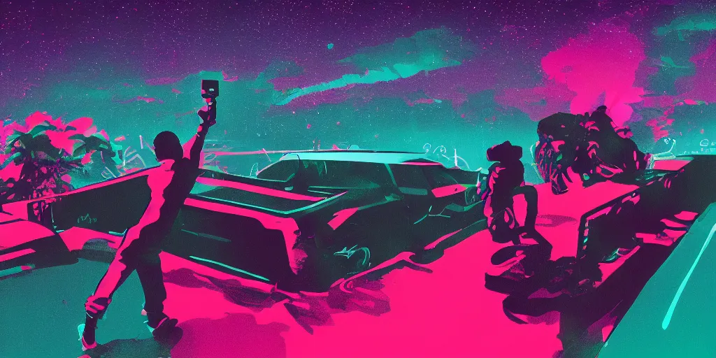 Prompt: rapping into microphone, silhouette, huge crowd, outrun, hip hop, digital art, Aurora borealis, trending on Artstation, professional artist, detailed, 4k