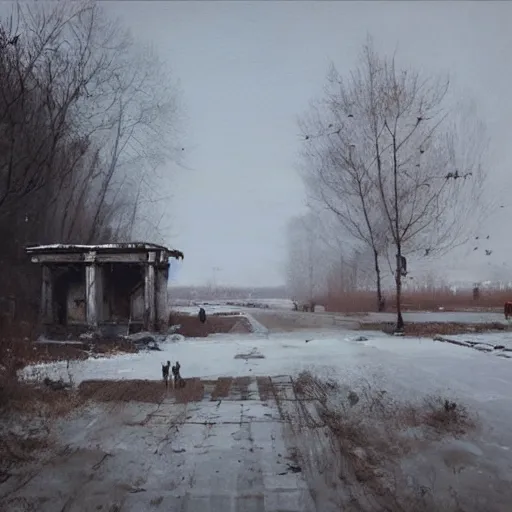 Image similar to painting by jakub rozalski of post abandoned soviet city