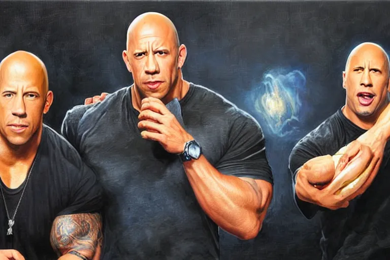 Image similar to portrait of vin diesel and dwayne the rock johnson sharing a footlong sub sandwich, an oil painting by ross tran and thomas kincade