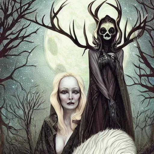 Image similar to an epic horrific wiccan gothic painting of a mother - nature witch cult woman wearing a deer skull, in a moonlit forest by gerald brom by junji ito by vanessa lemen by charlie bowater