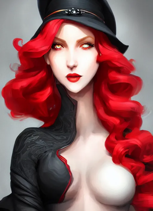 Image similar to a highly detailed illustration of tall beautiful red haired lady wearing black noir dress and black sun hat, dramatic smile pose, perfect face, perfect body, perfect eyes, intricate, elegant, highly detailed, centered, digital painting, artstation, concept art, smooth, sharp focus, league of legends concept art, wlop.