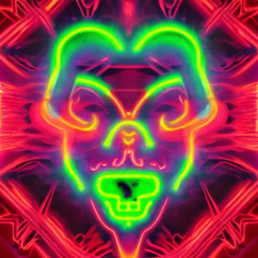 Prompt: digital art symmetrical demon face full of neon bright colours, in the dark, surrounded by smoke