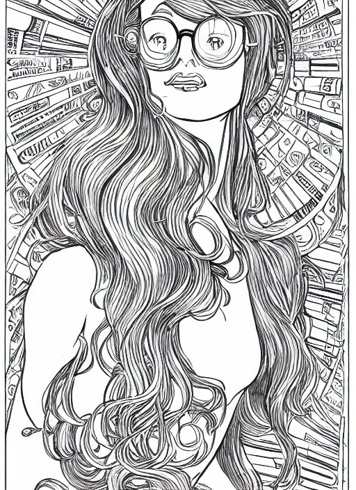Prompt: clean line art of a woman with light brown hair and glasses sitting on top of a tall pile of books. well composed, clean coloring book page, beautiful detailed face. coloring book line art by steve ditko and jack kirby and alphonse mucha