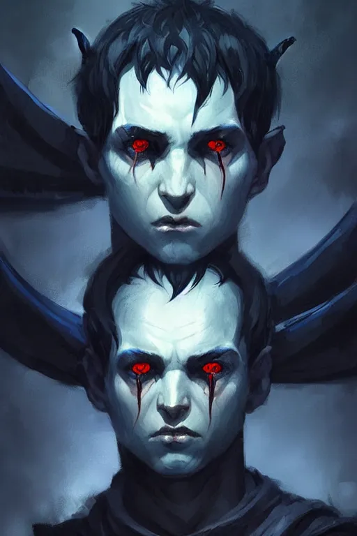 Image similar to sad dark blue tiefling boy with horns and dark hair and pitch black hollow eyes by Greg Rutkowski