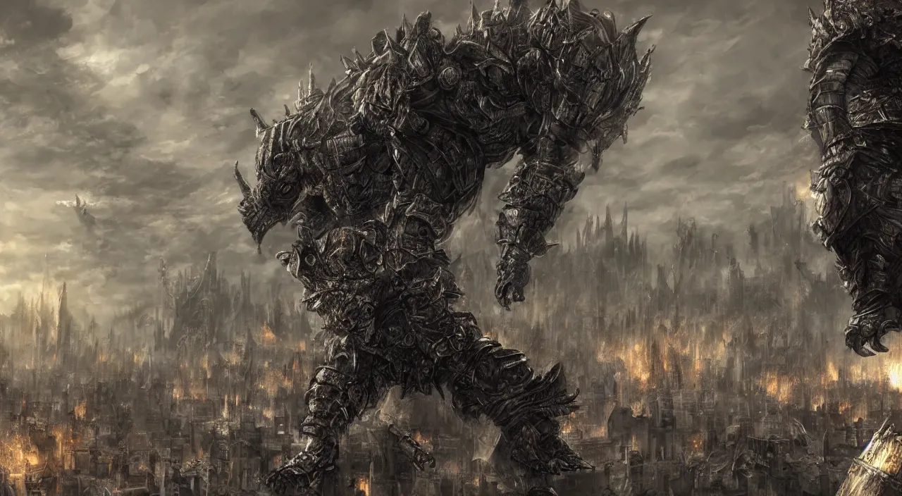 Image similar to a gigantic dog-like dark souls boss trampling the city, large scale, breathtaking, mixed media, digital art, trending on artstation, 8k, epic composition, highly detailed, AAA graphics