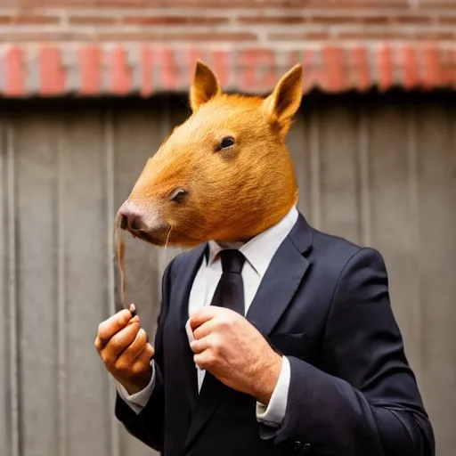 Image similar to smoking cigar, a man wearing a suit capybara head wearing a hat (smoking cigar)