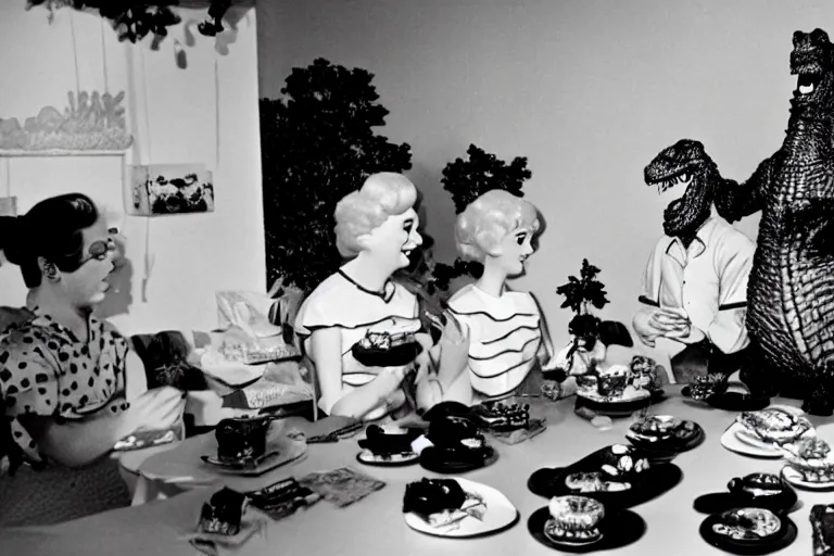 Image similar to Godzilla tea party with Barbie, plastic barbie doll, 1956 claymation godzilla