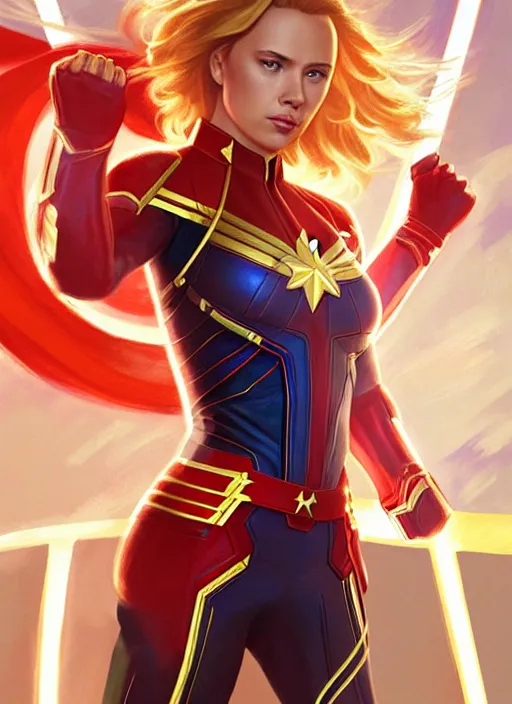 Image similar to Scarlett Johansson as Captain Marvel, fantasy, intricate, elegant, highly detailed, digital painting, artstation, concept art, smooth, sharp focus, illustration, art by artgerm and greg rutkowski and alphonse mucha