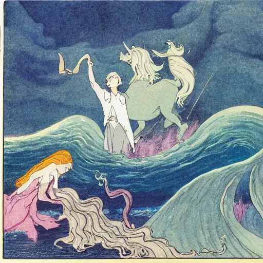 Prompt: the unicorn wave scene from the last unicorn, as illustrated by edmund dulac