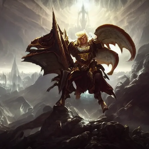 Prompt: Donald Trump as the god-emperor of mankind, League of Legends amazing splashscreen artwork, splash art,natural light, elegant, intricate, fantasy, atmospheric lighting, by Greg rutkowski, league of legends splash art, hd wallpaper, ultra high details