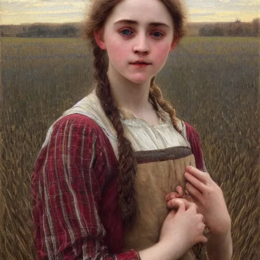 Image similar to a detailed, intricate oil painting portrait of a ukrainian peasant girl who resembles a teenage saoirse ronan and emma watson, in a field of grain, by william adolphe bougereau, john williams waterhouse, and donato giancola