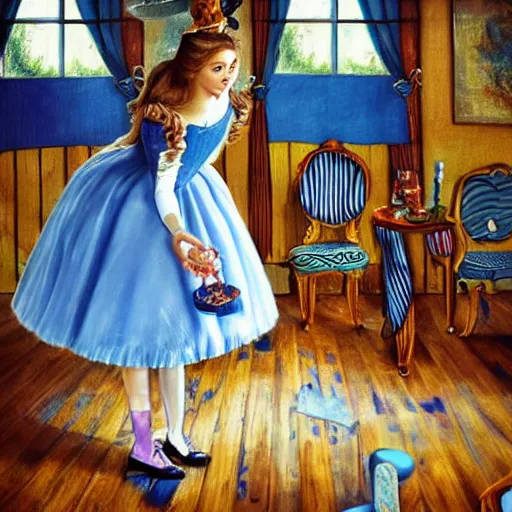 Prompt: alice in the wonderland, table, chairs, wood floor, blue dress, blonde by cheval michael