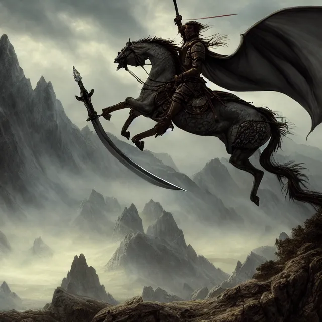 Image similar to a warrior on horseback holding a sword fighting a dragon, fantasy composition, medieval adventurers in lord of the rings scenery landscape, magic portal in the sky, highly detailed, cinematic lighting, perfect composition, 4 k, gustave dore, derek zabrocki, greg rutkowski, belsinski, octane render, dark fantasy, intricate, elegant, highly detailed