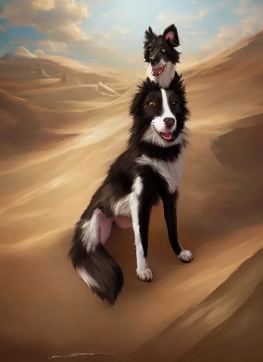 Image similar to beautiful wide angle full body portrait of a cute male anthropomorphic anthro border collie fursona in a desert, character design by charlie bowater, henry asencio, and ross tran, scenic background, detailed, glamor pose, aesthetic, furry, trending on artstation, furaffinity, deviantart