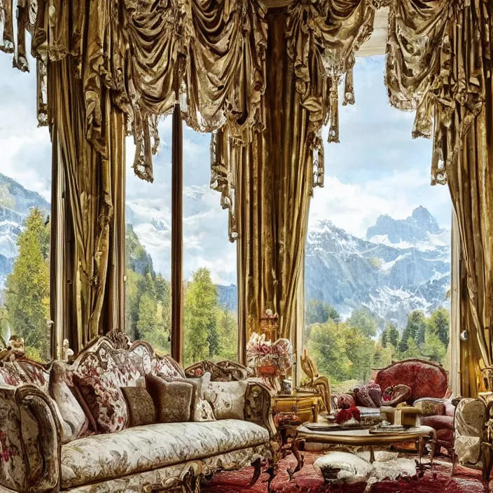 Image similar to photo of a fantastical baroque living room with switzerland landscape in the window in the style of maximalism