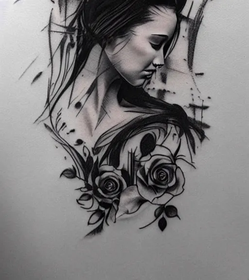 Prompt: tattoo design sketch of an extremely beautiful woman face, faded background of beautiful mountains on her side, hyper - realistic, double exposure effect, in the style of matteo pasqualin, amazing detail, black and white, faded