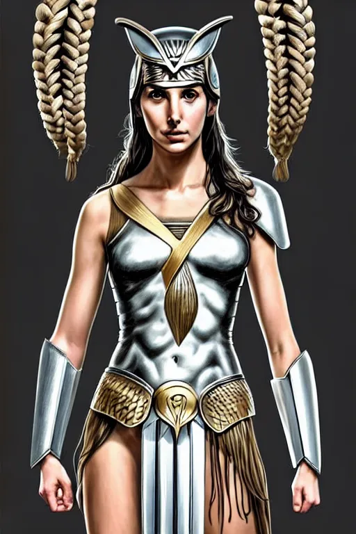 Greek goddess athena brown hair, greek helmet, owl on shoulder