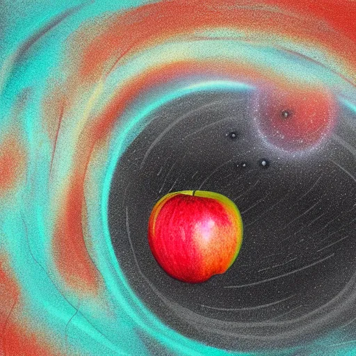 Prompt: apple fruit floating in space falls into black hole becoming warped and stretched around the event horizon, vibrant digital painting