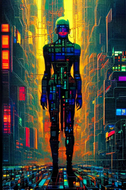 Prompt: beautiful cyberpunk acrylic painting, perfect lighting. professional design, intricate complexity, by dan mumford and by alberto giacometti, peter lindbergh, malevich, william stout