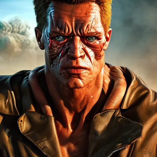 Image similar to a hyper real comic book style portait painting of the terminator in the stone age with dinosaurs, unreal 5, hyperrealistic, octane render, cosplay, rpg portrait, dynamic lighting