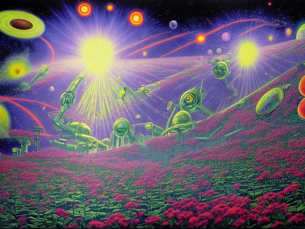 Prompt: a beautiful future for reality simulation, scientists and space flowers, utopian, by david a. hardy, wpa, public works mural, socialist