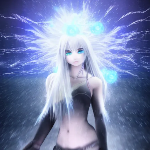 Prompt: photorealistic full body shot of masterpiece angry darkness anime girl, beautifull lovely eyes, electric aura with particles, snowing frozen ice, darkness background, inspired by masami kurumada, detailed, unreal engine 4 k, volumetric light, fog