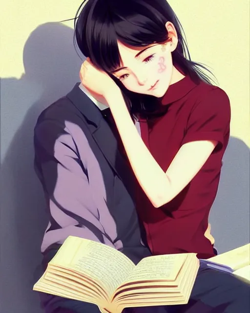 Image similar to cute girl reading book with her boyfriend, shy emotion. | very very anime!!!, fine - face, audrey plaza, realistic shaded perfect face, fine details. anime. very strong realistic shaded lighting poster by ilya kuvshinov katsuhiro otomo ghost, magali villeneuve, artgerm, jeremy lipkin and michael garmash and rob rey