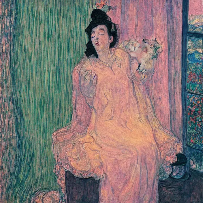 Image similar to close portrait of woman in transparent vaporous night gown with cat and aloe vera, with city with gothic cathedral seen from a window frame with curtains. sun through the clouds, vivid iridescent psichedelic colors. agnes pelton, egon schiele, munch, henri de toulouse - lautrec, utamaro, monet