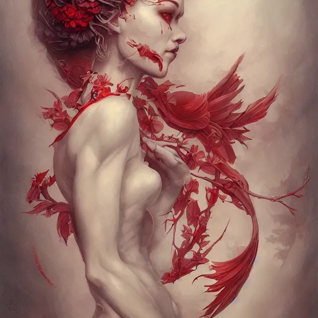 Prompt: ultra realistic illustration, beautiful ethereal woman dressed in red kimono, backview, tattoos, in the style of peter mohrbacher by weta digital and beth cavener, high face symmetry, intricate, masterpiece, award winning, high face symmetry, intricate