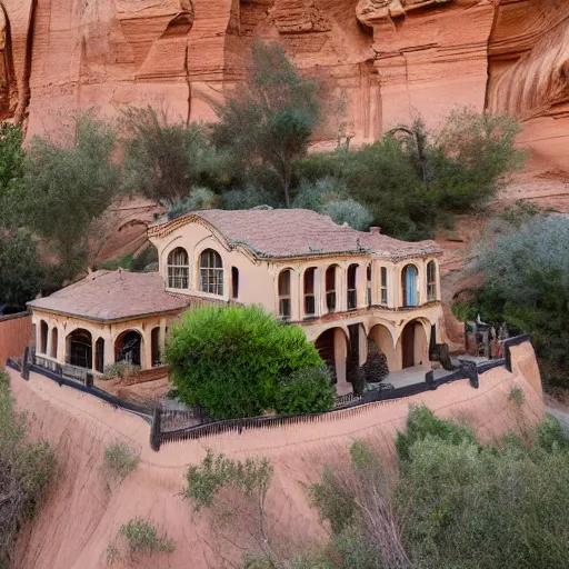 Image similar to a large, victorian mansion covered in sand in a canyon.