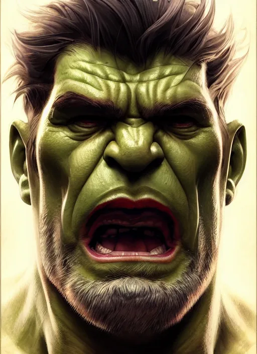 Portrait of The Hulk, bald, white beard, scarred! D&D, | Stable Diffusion