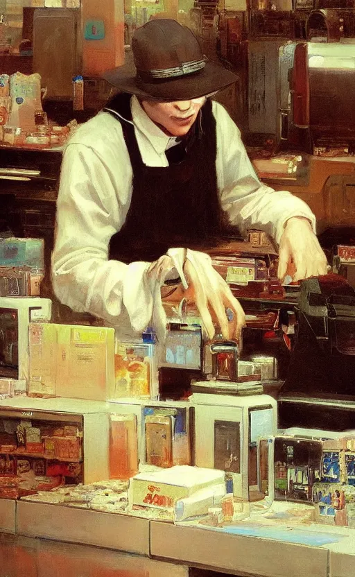 Prompt: the grime reaper working the cash register at the local walmart by cheol joo lee and delphin enjolras and daniel f. gerhartz