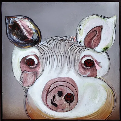 Image similar to “pig paintings and pig sculptures in a pig art gallery, pork, ikebana white flowers, white wax dripping, squashed raspberry stains, acrylic and spray paint and oilstick on canvas, by munch and Dali”