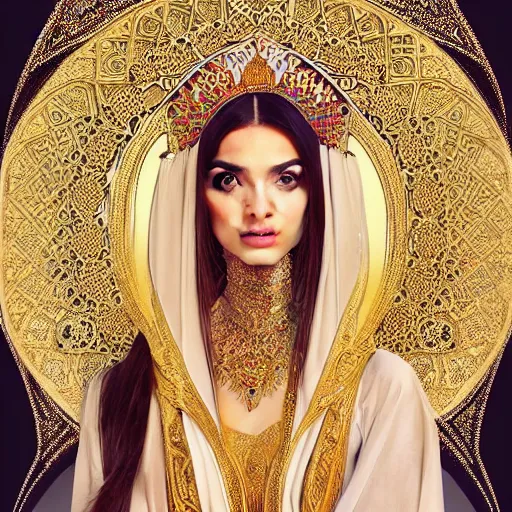 Image similar to Beautiful portrait of a Persian Princess who is an architect, beautiful princess, face painting, architecture, persian style architecture, dramatic lighting, intricate, wild, highly detailed, digital painting, artstation, concept art, smooth, sharp focus, illustration, gold+yellow+white+Turquoise, art by artgerm and greg rutkowski and alphonse mucha, footage from space camera