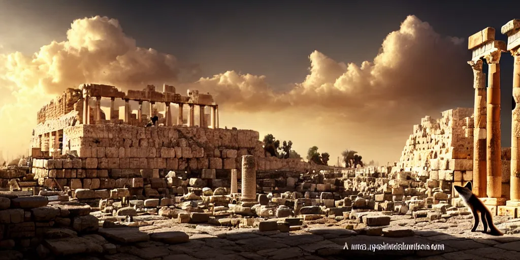 Image similar to a adorable small fox in the huge ruins of the second temple in jerusalem in the distance. the third temple hovers quietly hiding in the dreamy clouds above. a hooded bearded old man in a brown tunic laughing, colorful 8 k, art station, intricate superb details, digital art, illusion painting hidden temple.