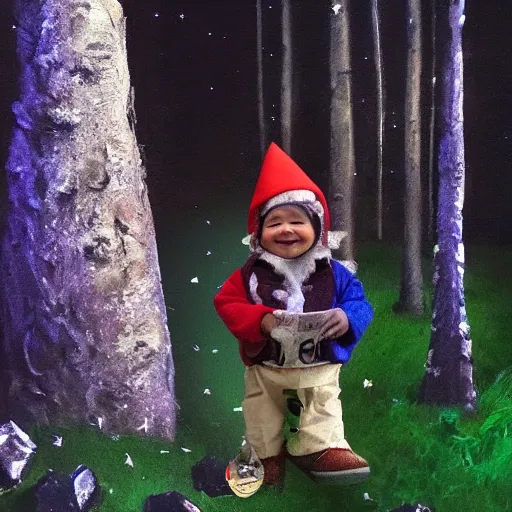 Image similar to a bad quality phone recording of a small person with a smile in his face dressed as a gnome peeking behind a tree, forest trail, night time, bright camera flash, camera shaking, realistic, phone recording, bad quality, 480p, scary