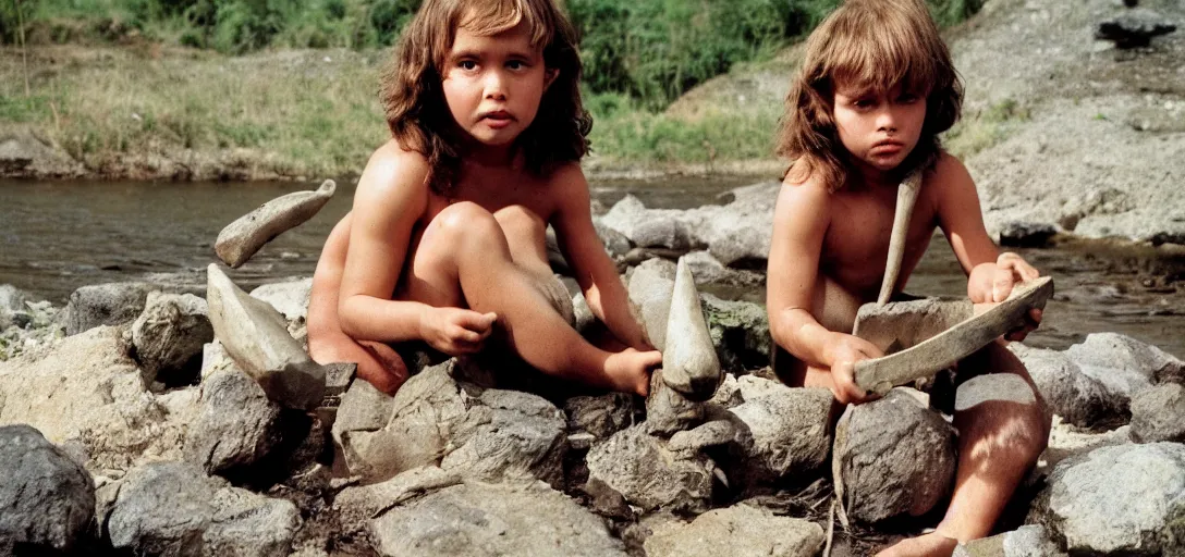 Prompt: a full - body portrait of little cuties 3 times oversized head caveman make stone tools at the river bank, a colorized photo, colorized, # film, movie still
