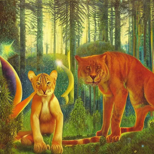 Image similar to psychedelic big cats lush pine forest, outer space, milky way, designed by arnold bocklin, jules bastien - lepage, tarsila do amaral, wayne barlowe and gustave baumann, cheval michael, trending on artstation, star, sharp focus, colorful refracted sparkles and lines, soft light, 8 k 4 k