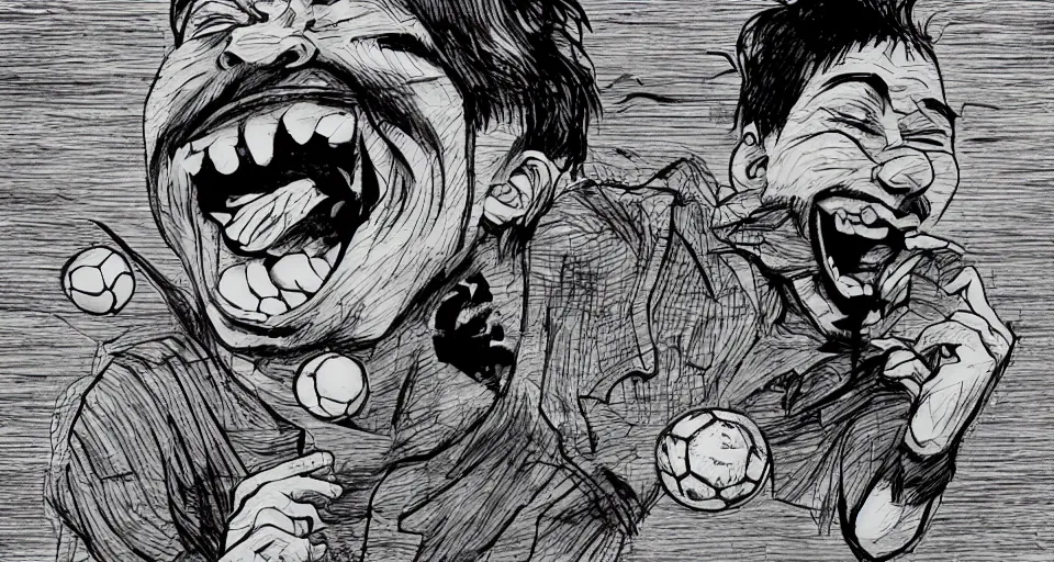 Prompt: a man eating a soccer ball and laughing in the style of Junji Ito