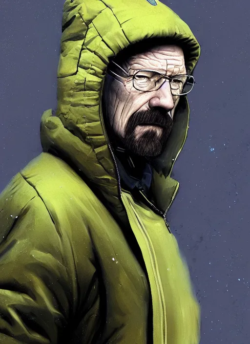 Image similar to walter white wearing a black supreme puffer jacket and a beanie, elegant, digital painting, concept art, smooth, sharp focus, illustration, from starcraft by ruan jia and mandy jurgens and artgerm and william - adolphe bouguerea