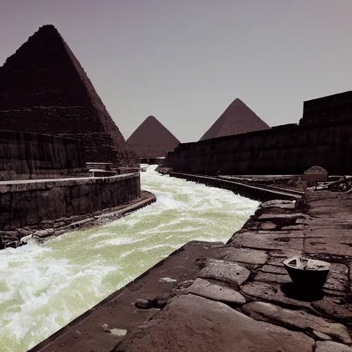 Image similar to an image of a flowing river full of blood and pyramids in the background